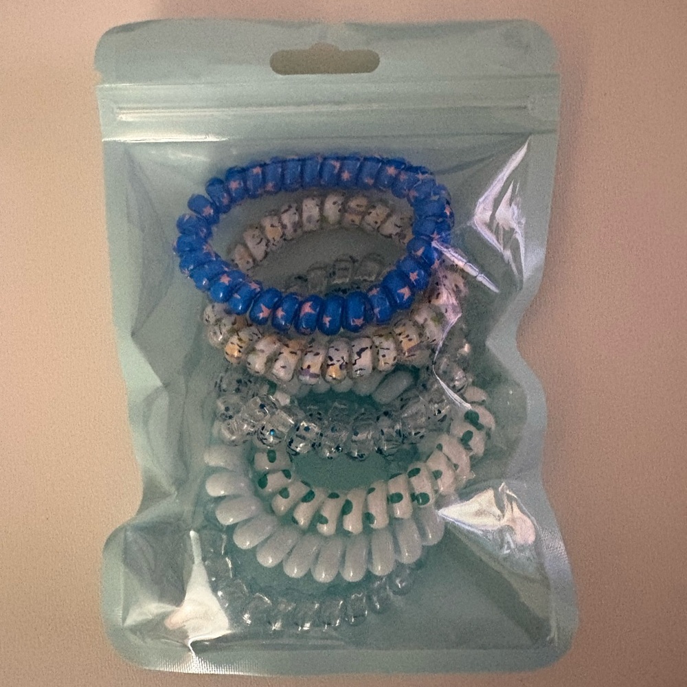 Spiral Coil Hair Ties - 6 Pack in Blue, White, Clear